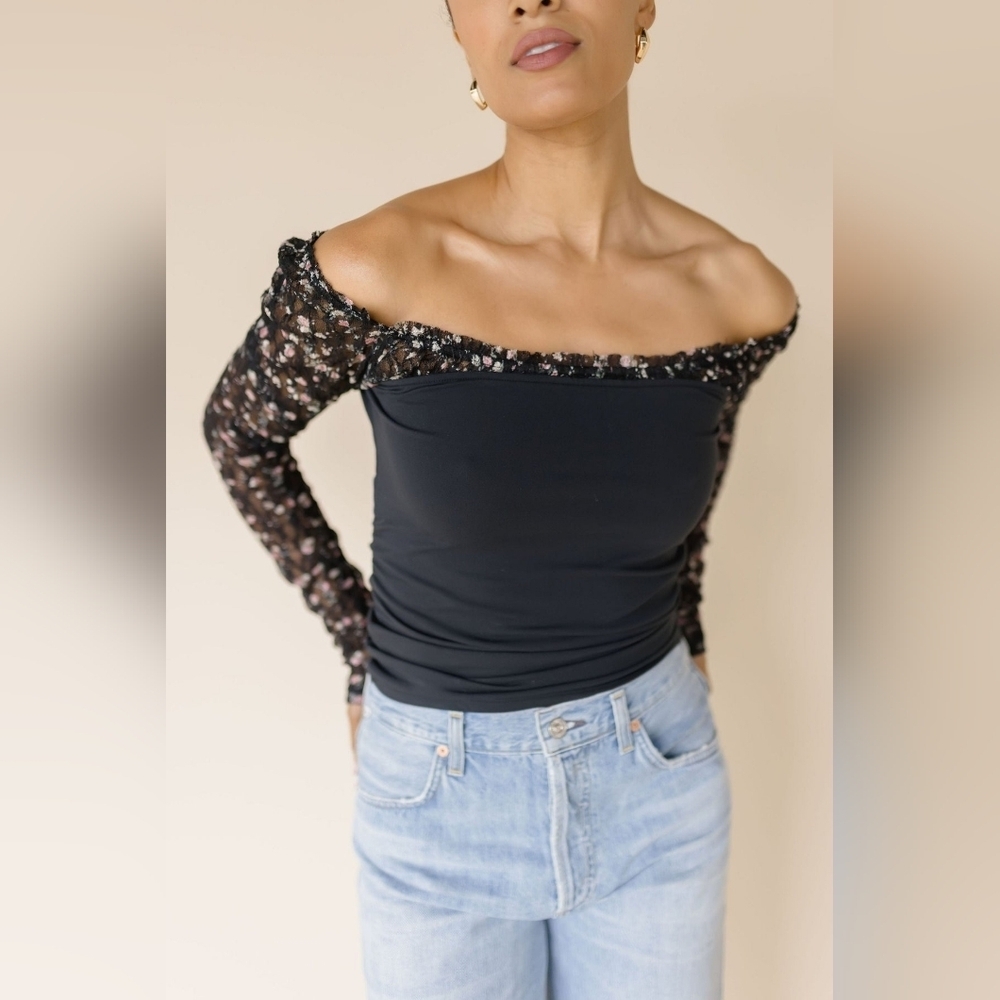 Free People Black Off-Shoulder Floral Mesh Sleeve Top